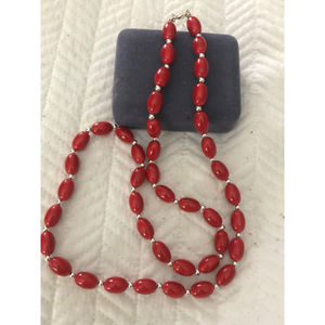 Vintage Red Bean Jelly Bead Silver Tone Spacers 28” Necklace